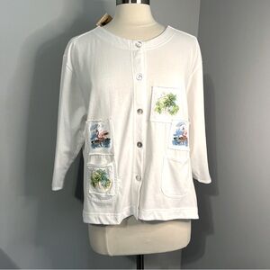 Palm Grove XL White Multicolor Button Down 3/4 Sleeve Cardigan Top
